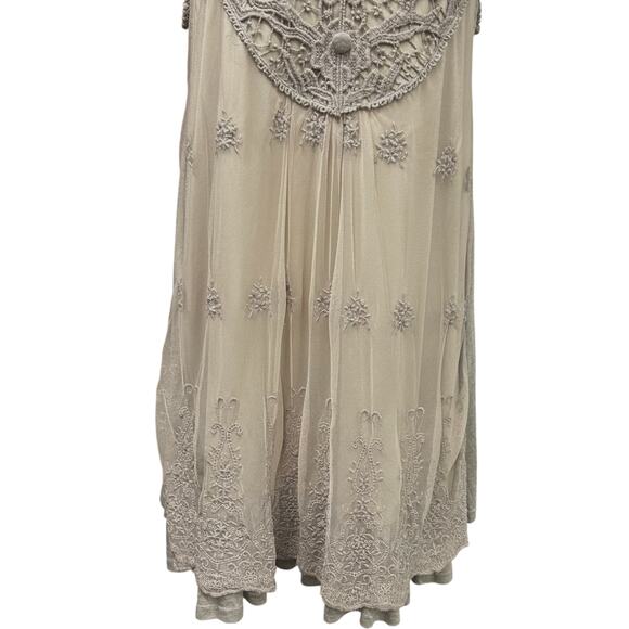 Cottagecore Boho Mesh Lace Dress M Taupe Ruffle Hem‎ Layering - Picture 3 of 8